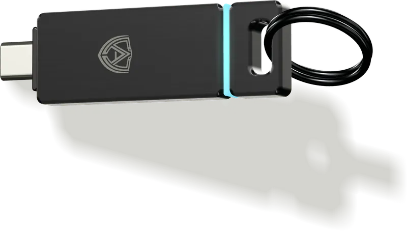 Aspen Key, um bastão fino de metal preto escovado com conector USB-C numa ponta, uma faixa fina de luz ciano e um anel de chaveiro na outra ponta.