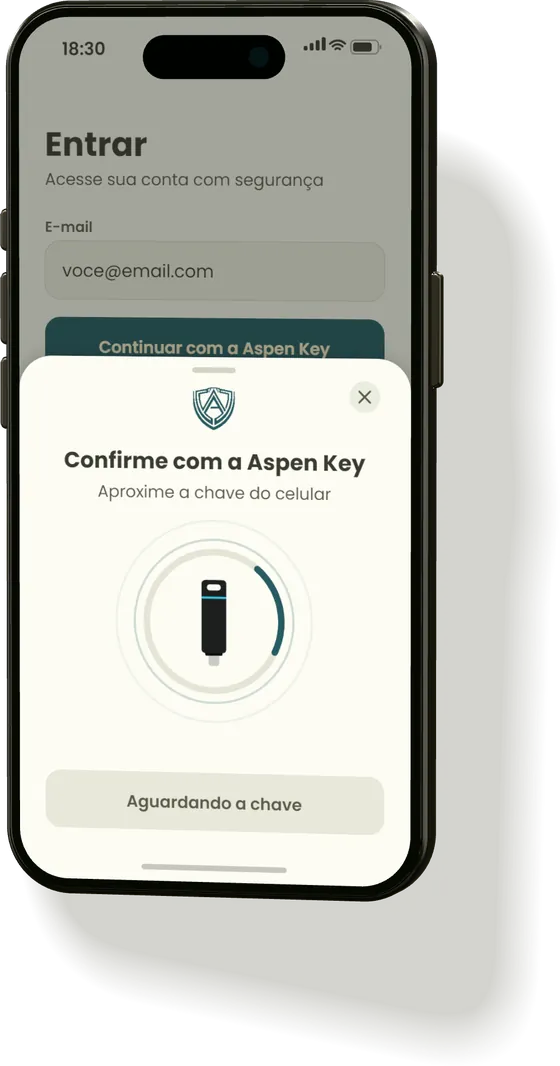 Ilustração de um celular na tela de entrar numa conta, com o pedido Confirme com a Aspen Key e a instrução Aproxime a chave do celular.