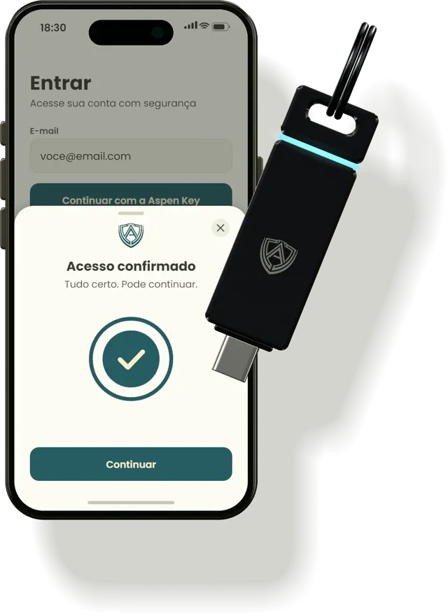 Ilustração da Aspen Key encostada na lateral de um celular que mostra a mensagem Acesso confirmado.