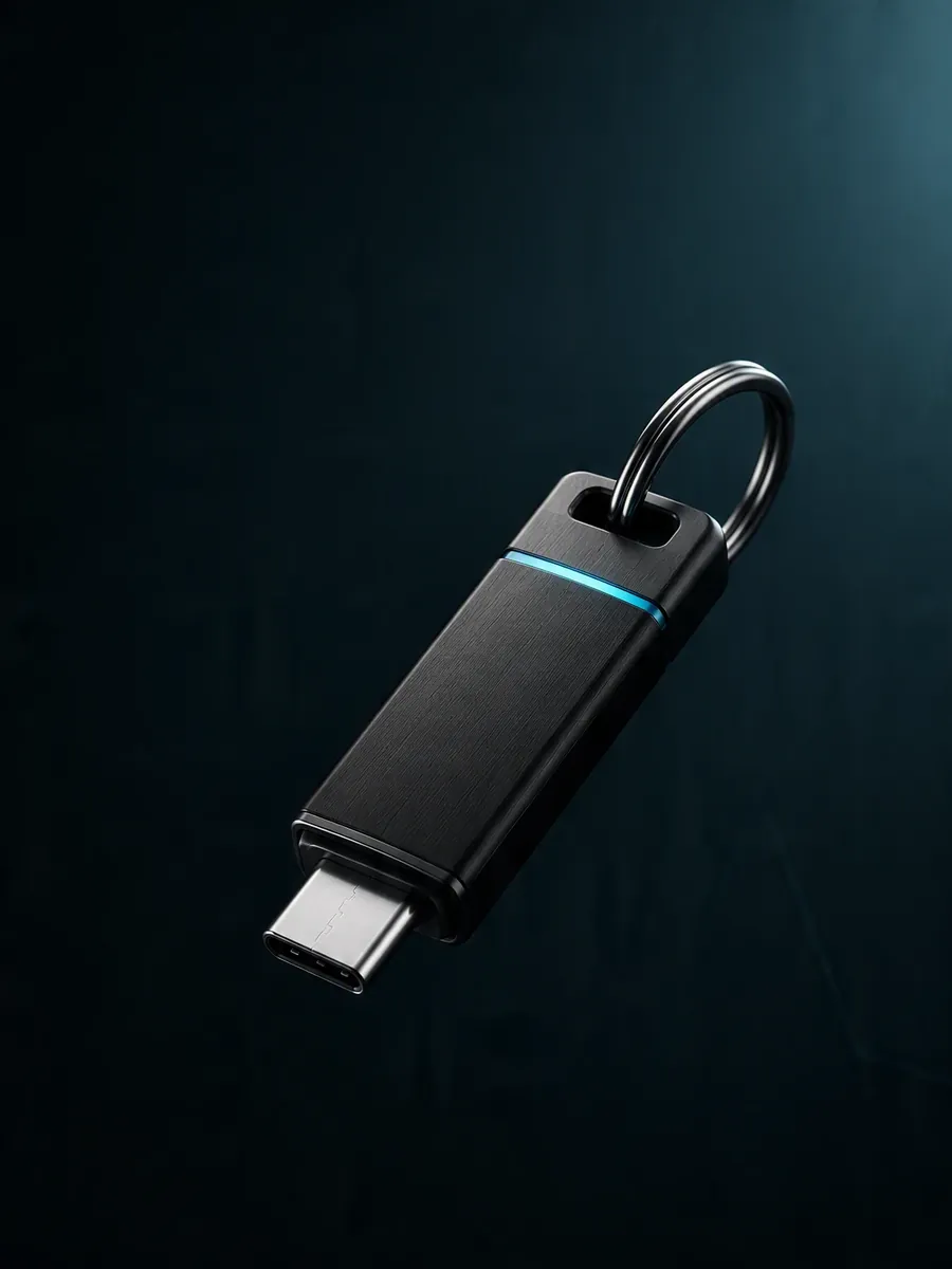 Imagem de referência do protótipo da Aspen Key, bastão preto com conector USB-C, faixa de luz ciano e anel de chaveiro, sobre fundo escuro.
